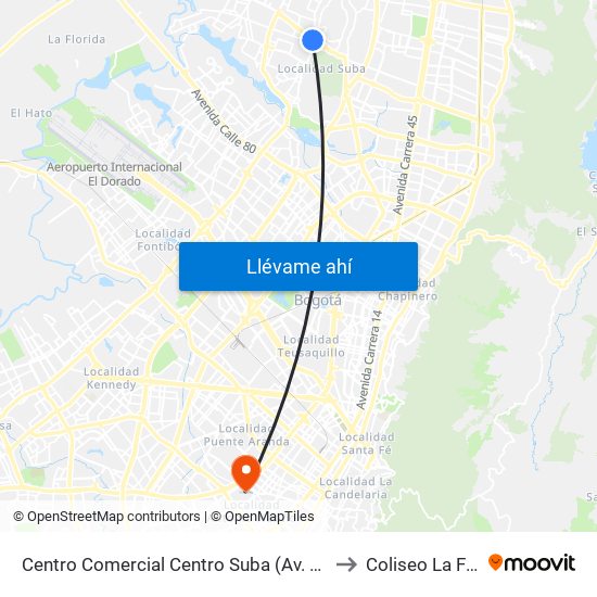 Centro Comercial Centro Suba (Av. Suba - Kr 91) to Coliseo La Fragua map
