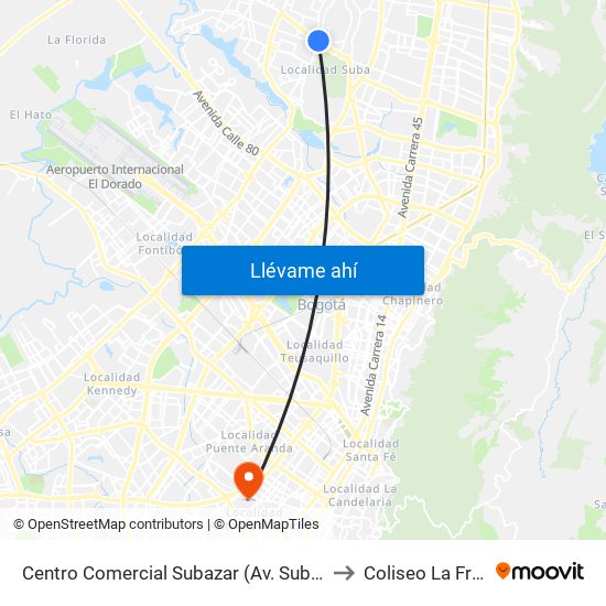 Centro Comercial Subazar (Av. Suba - Kr 91) to Coliseo La Fragua map