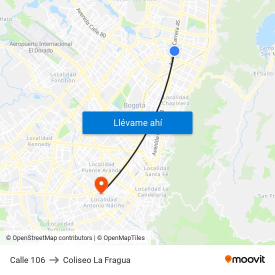 Calle 106 to Coliseo La Fragua map