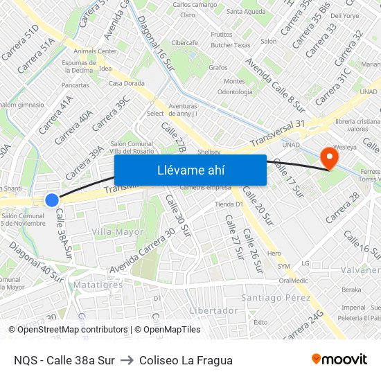 NQS - Calle 38a Sur to Coliseo La Fragua map