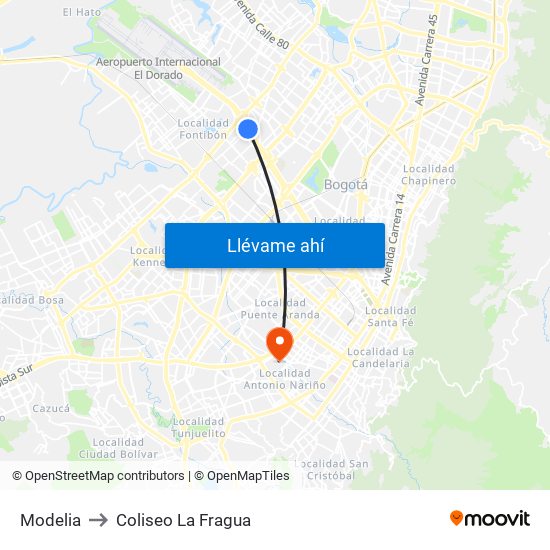 Modelia to Coliseo La Fragua map