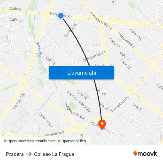 Pradera to Coliseo La Fragua map
