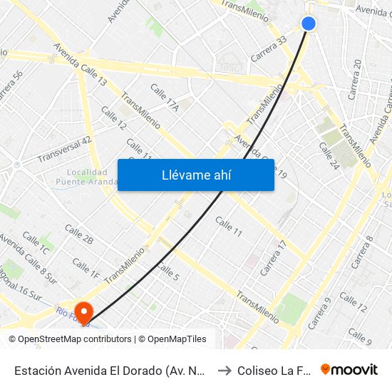 Estación Avenida El Dorado (Av. NQS - Cl 40a) to Coliseo La Fragua map