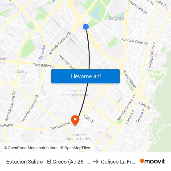 Estación Salitre - El Greco (Ac 26 - Ak 68) to Coliseo La Fragua map
