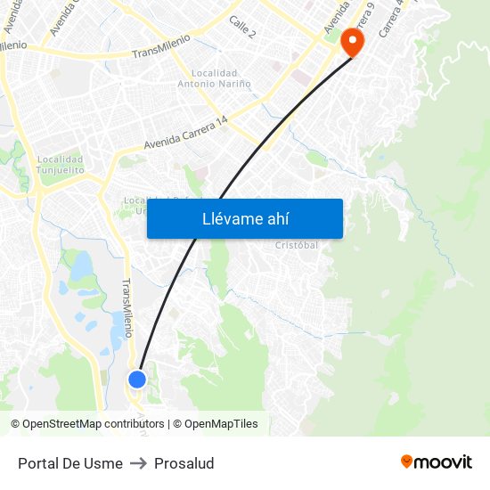 Portal De Usme to Prosalud map