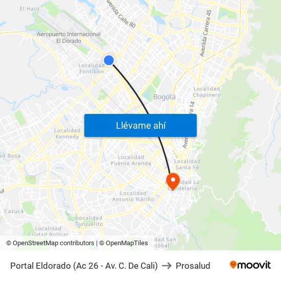 Portal Eldorado (Ac 26 - Av. C. De Cali) to Prosalud map