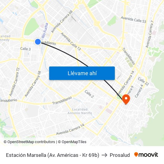 Estación Marsella (Av. Américas - Kr 69b) to Prosalud map