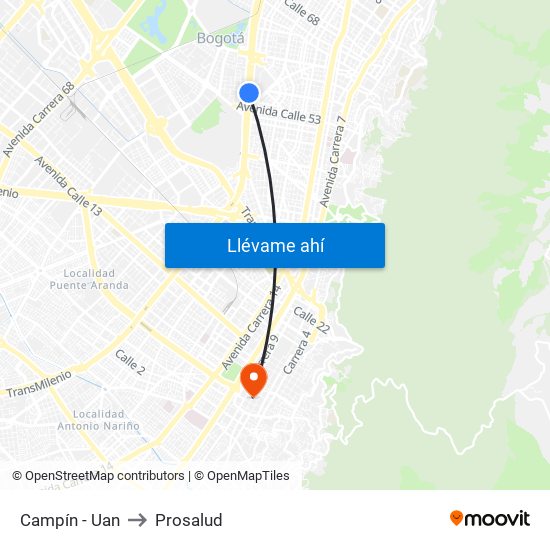 Campín - Uan to Prosalud map