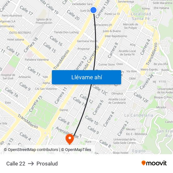 Calle 22 to Prosalud map