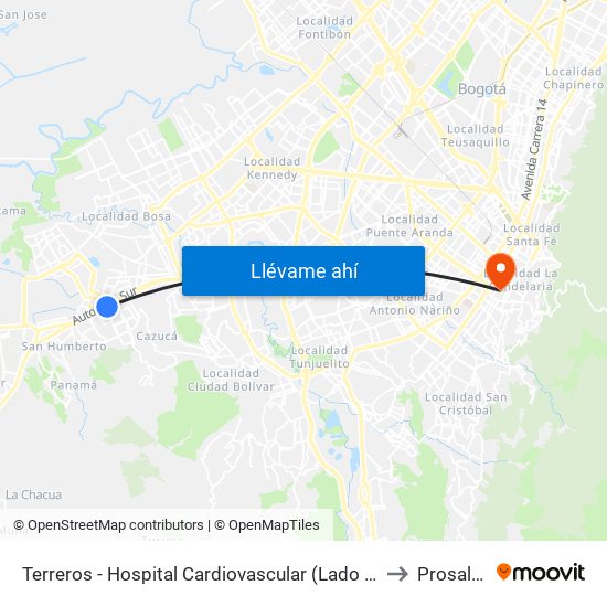 Terreros - Hospital Cardiovascular (Lado Sur) to Prosalud map
