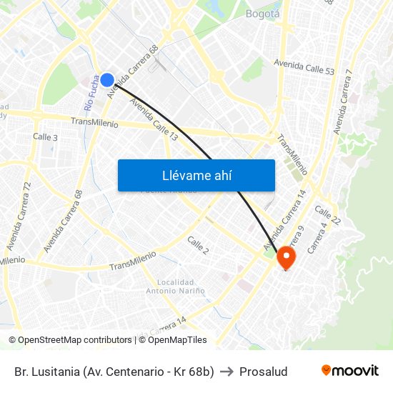 Br. Lusitania (Av. Centenario - Kr 68b) to Prosalud map