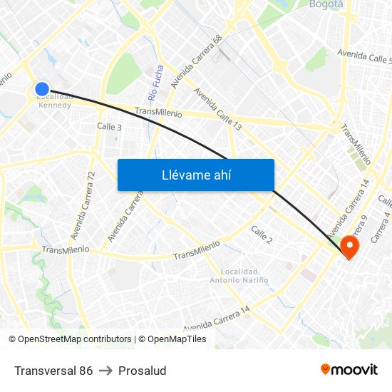 Transversal 86 to Prosalud map