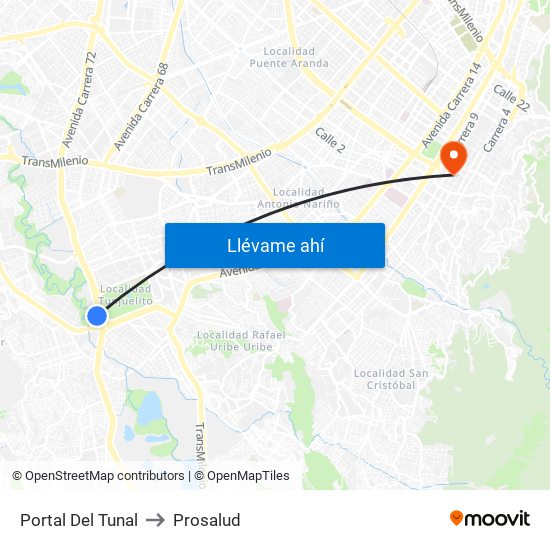 Portal Del Tunal to Prosalud map