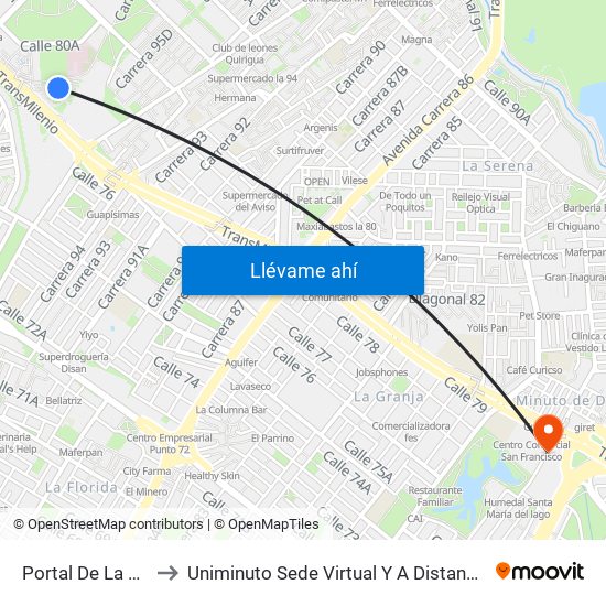 Portal De La 80 to Uniminuto Sede Virtual Y A Distancia map