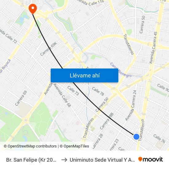 Br. San Felipe (Kr 20a - Cl 74) to Uniminuto Sede Virtual Y A Distancia map