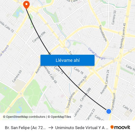 Br. San Felipe (Ac 72 - Kr 17) to Uniminuto Sede Virtual Y A Distancia map