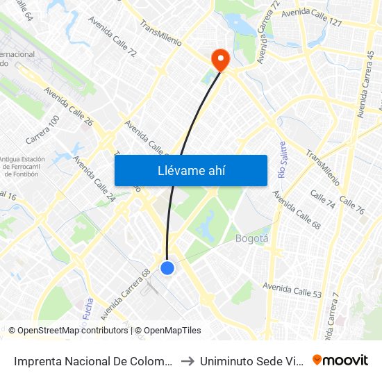 Imprenta Nacional De Colombia (Av. Esperanza - Kr 66) to Uniminuto Sede Virtual Y A Distancia map