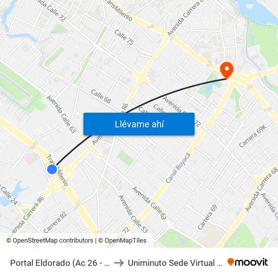 Portal Eldorado (Ac 26 - Av. C. De Cali) to Uniminuto Sede Virtual Y A Distancia map