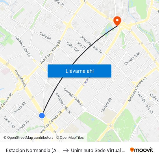 Estación Normandía (Ac 26 - Kr 74) to Uniminuto Sede Virtual Y A Distancia map