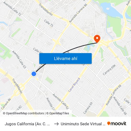 Jugos California (Av. C. De Cali - Ac 63) to Uniminuto Sede Virtual Y A Distancia map
