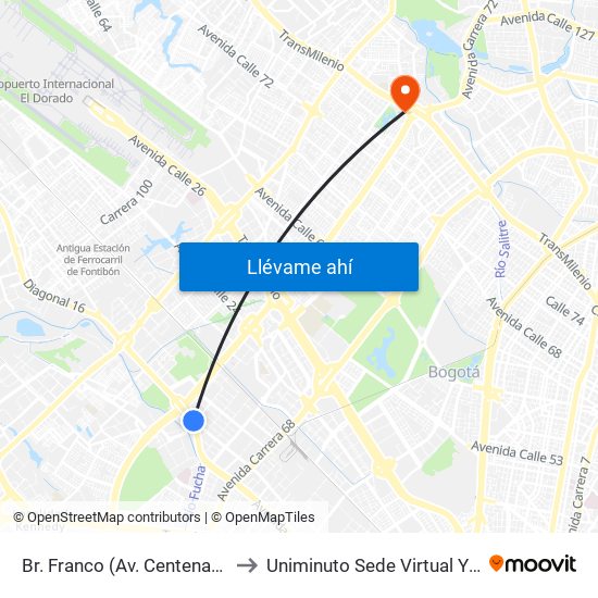 Br. Franco (Av. Centenario - Kr 69b) to Uniminuto Sede Virtual Y A Distancia map