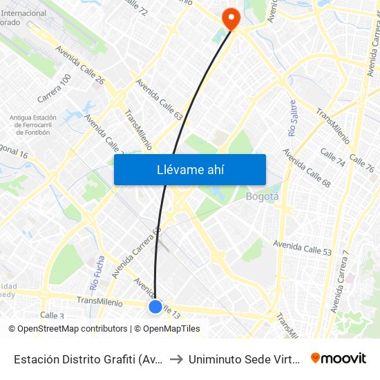 Estación Distrito Grafiti (Av. Américas - Kr 53a) to Uniminuto Sede Virtual Y A Distancia map