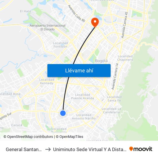 General Santander to Uniminuto Sede Virtual Y A Distancia map