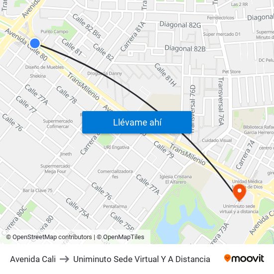 Avenida Cali to Uniminuto Sede Virtual Y A Distancia map