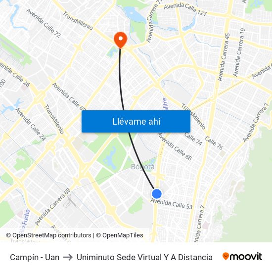 Campín - Uan to Uniminuto Sede Virtual Y A Distancia map