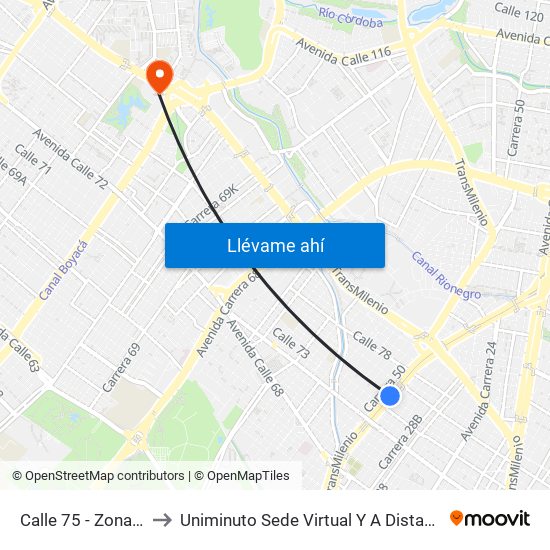 Calle 75 - Zona M to Uniminuto Sede Virtual Y A Distancia map