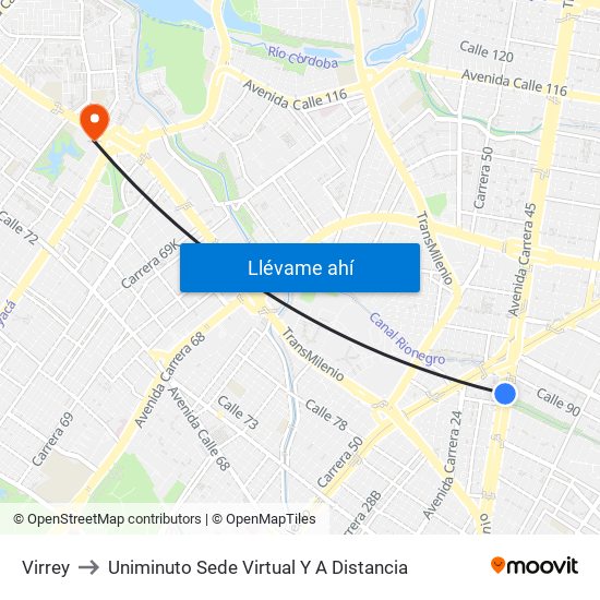 Virrey to Uniminuto Sede Virtual Y A Distancia map