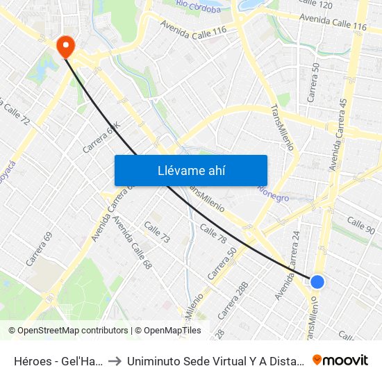 Héroes - Gel'Hada to Uniminuto Sede Virtual Y A Distancia map