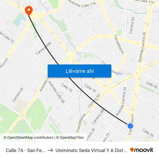 Calle 76 - San Felipe to Uniminuto Sede Virtual Y A Distancia map