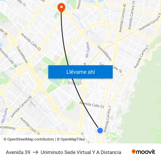 Avenida 39 to Uniminuto Sede Virtual Y A Distancia map