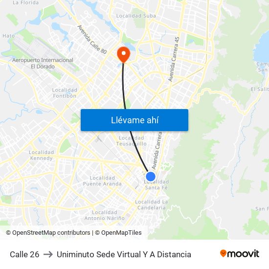 Calle 26 to Uniminuto Sede Virtual Y A Distancia map