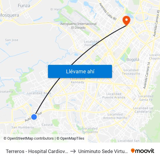 Terreros - Hospital Cardiovascular (Lado Sur) to Uniminuto Sede Virtual Y A Distancia map