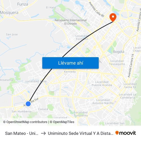 San Mateo - Unisur to Uniminuto Sede Virtual Y A Distancia map