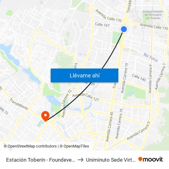 Estación Toberín - Foundever (Auto Norte - Cl 166) to Uniminuto Sede Virtual Y A Distancia map