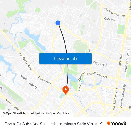 Portal De Suba (Av. Suba - Kr 106) to Uniminuto Sede Virtual Y A Distancia map
