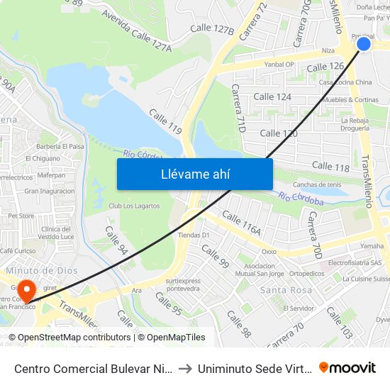 Centro Comercial Bulevar Niza (Ac 127 - Av. Suba) to Uniminuto Sede Virtual Y A Distancia map