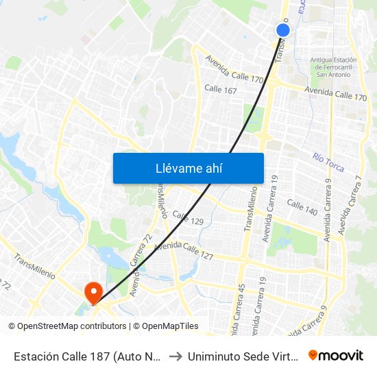 Estación Calle 187 (Auto Norte - Cl 187 Bis) (A) to Uniminuto Sede Virtual Y A Distancia map