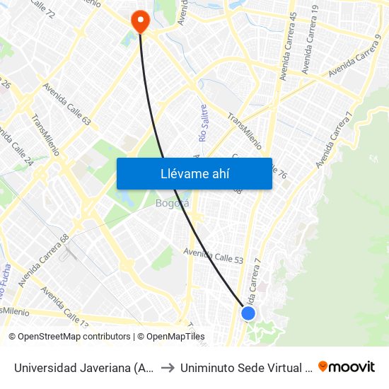 Universidad Javeriana (Ak 7 - Cl 40) (B) to Uniminuto Sede Virtual Y A Distancia map