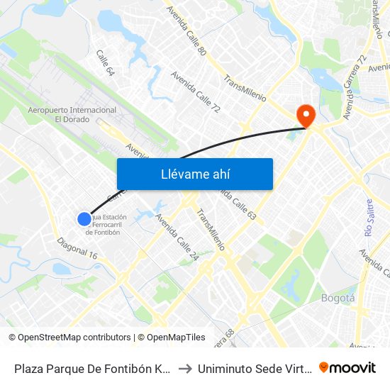 Plaza Parque De Fontibón Kr 100 (Kr 100 - Cl 17a) to Uniminuto Sede Virtual Y A Distancia map