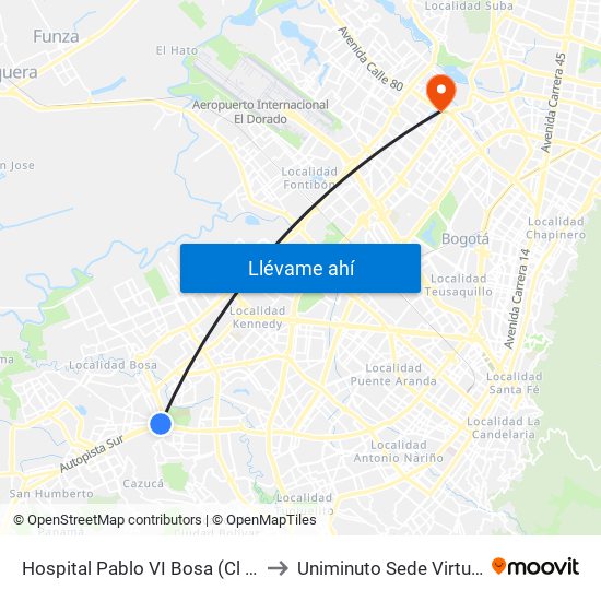 Hospital Pablo VI Bosa (Cl 63 Sur - Kr 77g) (A) to Uniminuto Sede Virtual Y A Distancia map