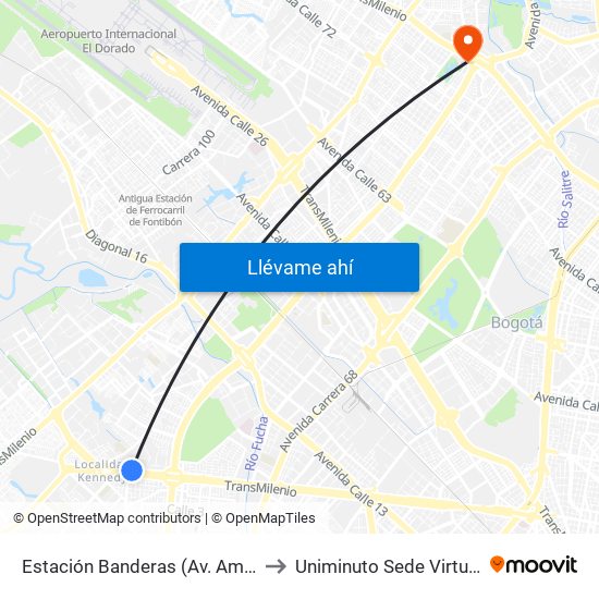 Estación Banderas (Av. Américas - Kr 78a) (A) to Uniminuto Sede Virtual Y A Distancia map