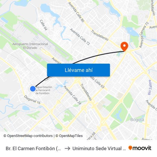 Br. El Carmen Fontibón (Cl 17 - Kr 100) to Uniminuto Sede Virtual Y A Distancia map