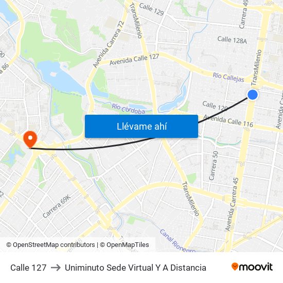 Calle 127 to Uniminuto Sede Virtual Y A Distancia map