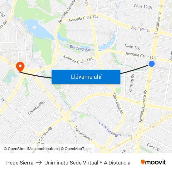 Pepe Sierra to Uniminuto Sede Virtual Y A Distancia map