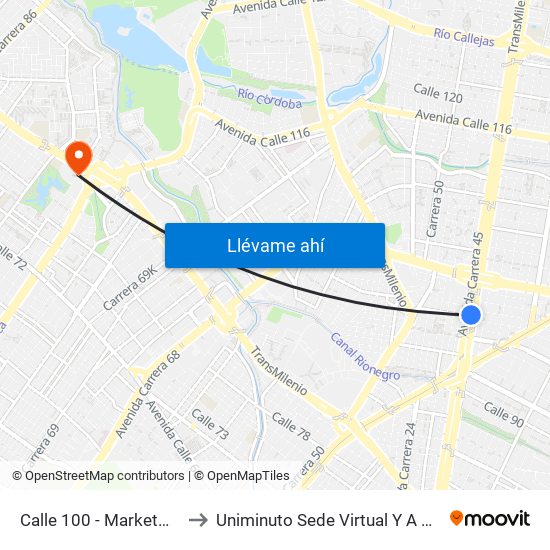 Calle 100 - Marketmedios to Uniminuto Sede Virtual Y A Distancia map