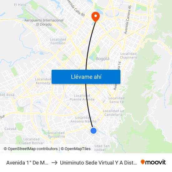 Avenida 1° De Mayo to Uniminuto Sede Virtual Y A Distancia map